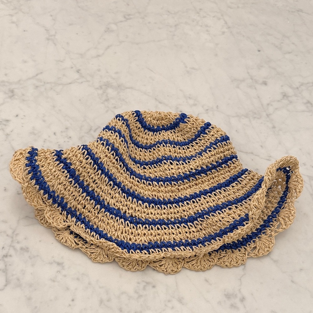 Mini Boden Crochet Sun Hat in Blue, Natural & Pink Trim